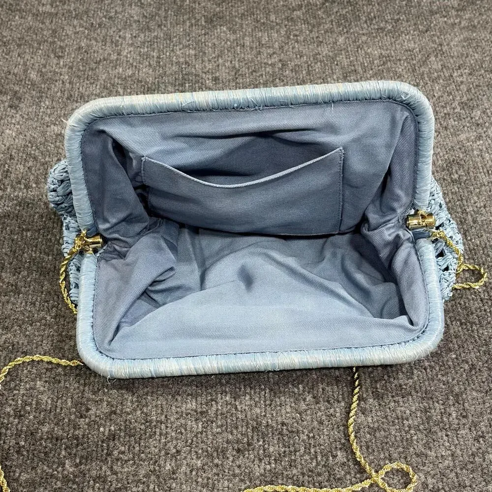 Loeffler Randall Clutch Womens Medium Blue Raffia Trudie Frame Crochet Handbag